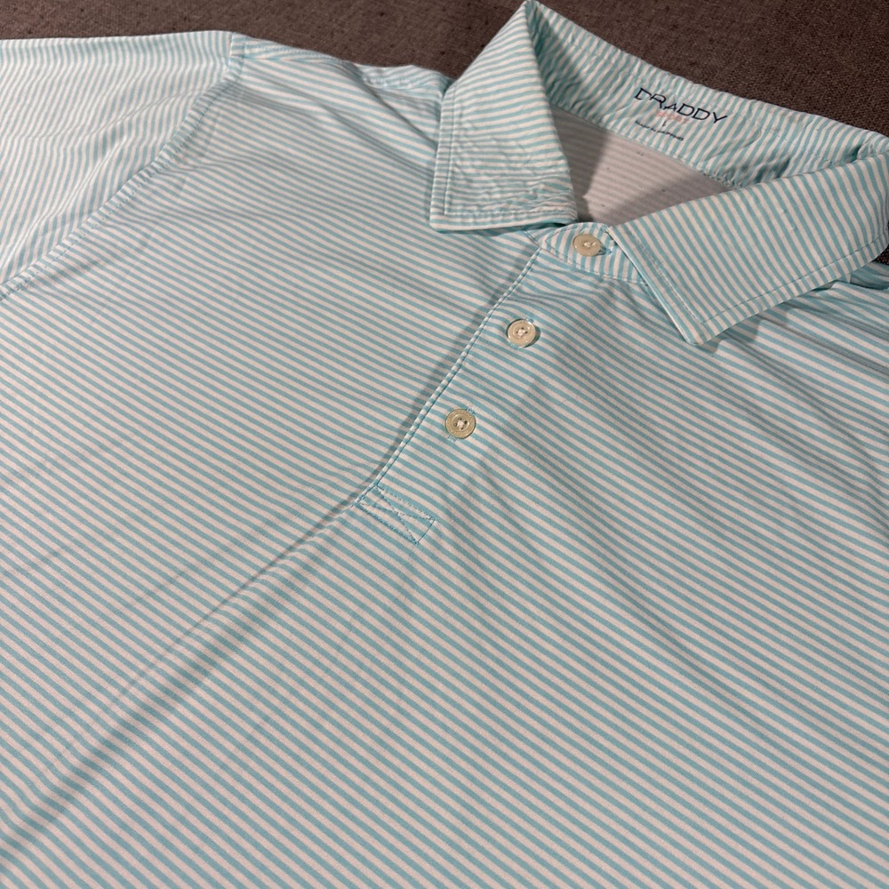 B Draddy Sport Polo Shirt Mens Large Light Blue White Striped Short Sleeve Golf